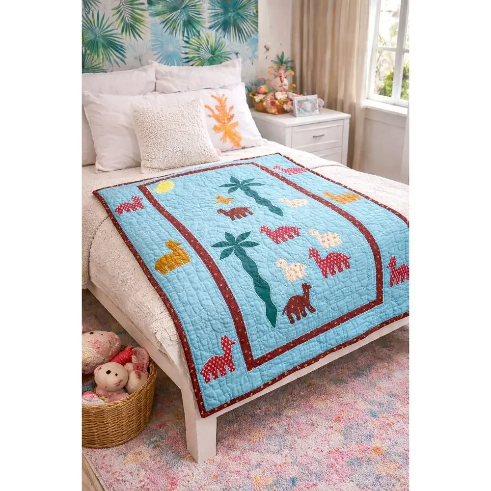 HANDMADE bright blue kids quilt with palm trees and llamas 39” x 54”